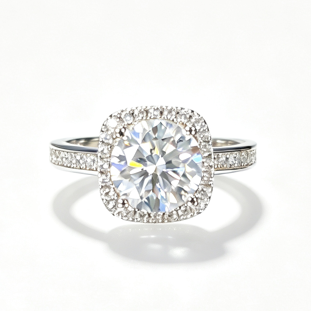 Sugar Cube round-cut moissanite ring on hand — AUMIRE JEWEL