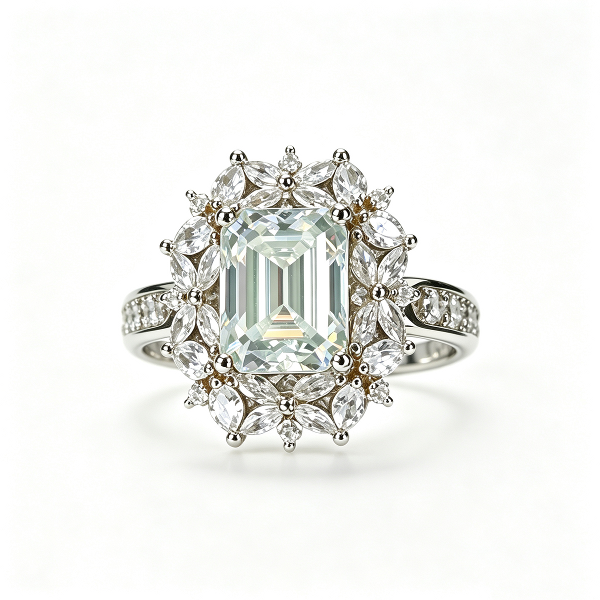 Brilliant Blossoms emerald-cut moissanite ring on hand — AUMIRE JEWEL
