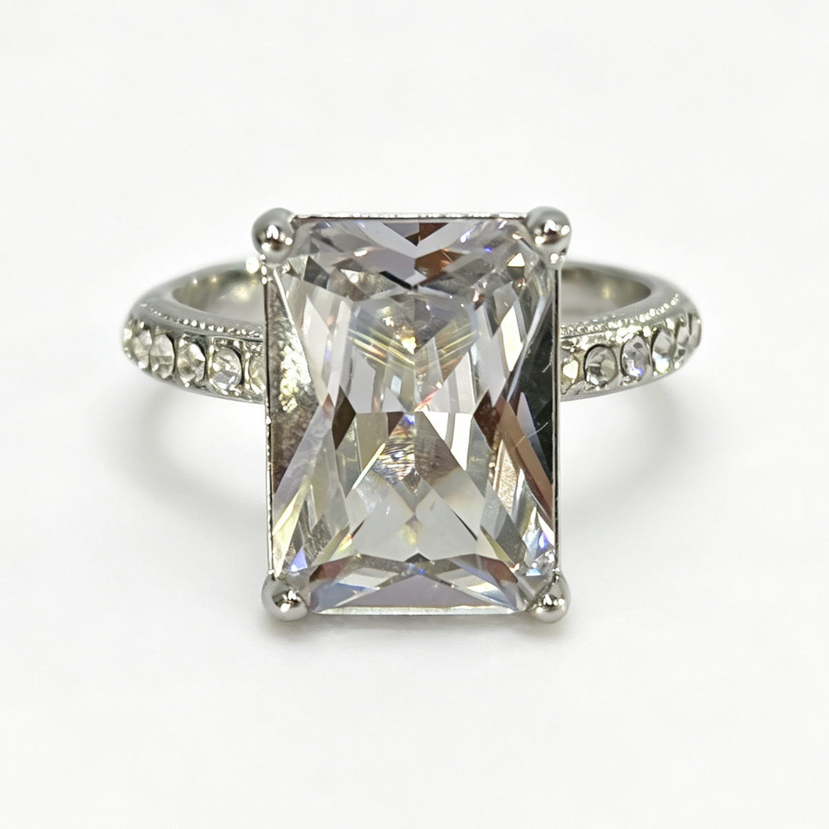 Vesta radiant-cut moissanite ring on hand — AUMIRE JEWEL