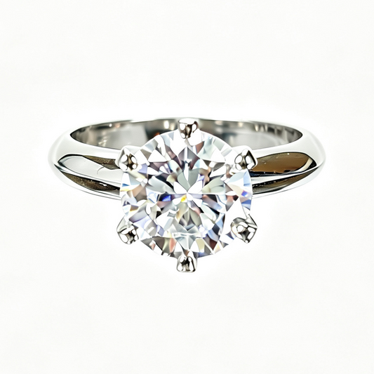 Classic Six-Prong round-cut moissanite ring on hand — AUMIRE JEWEL