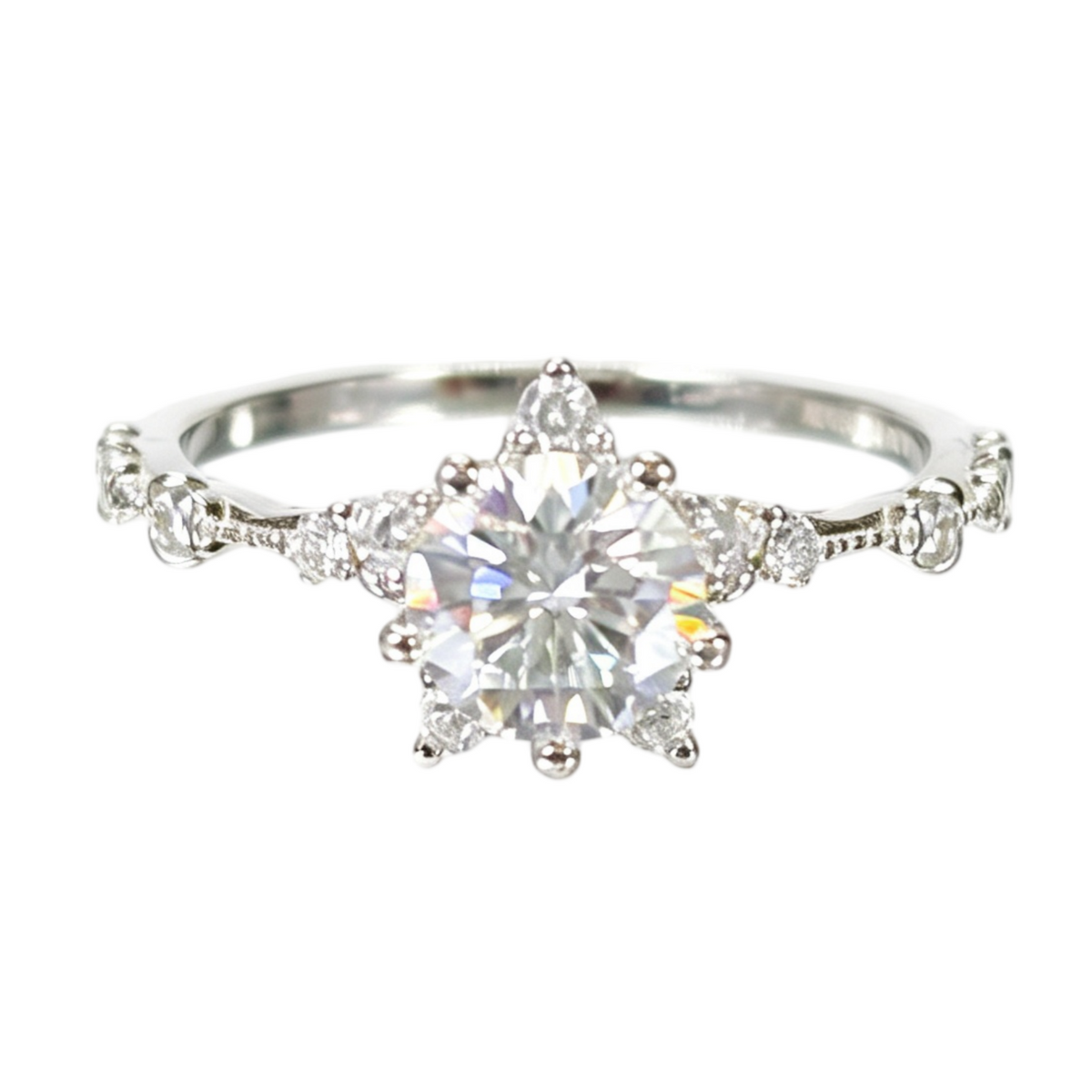 Love of Moon and Stars round-cut moissanite ring on hand — AUMIRE JEWEL