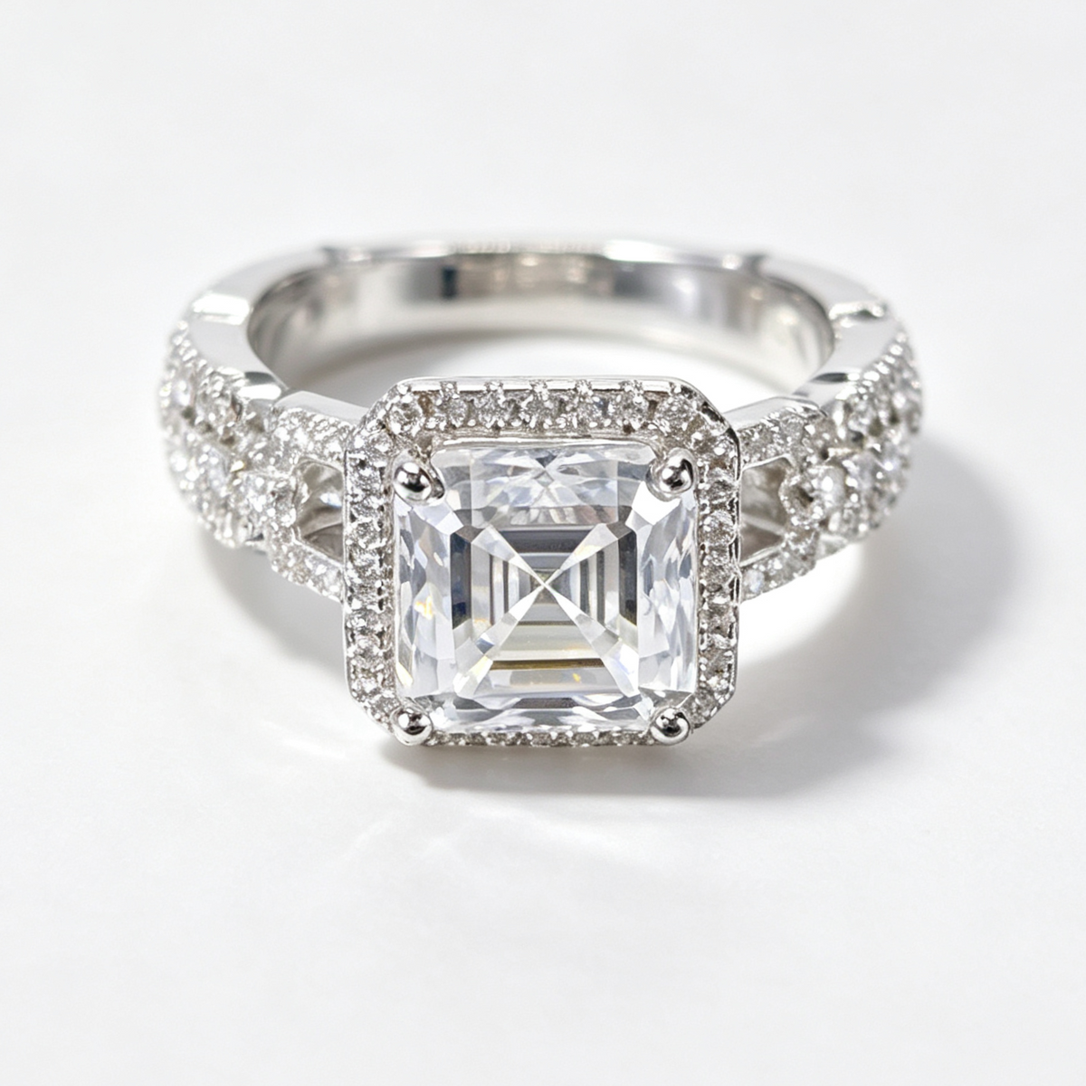 Interlocking asscher-cut moissanite ring on hand — AUMIRE JEWEL