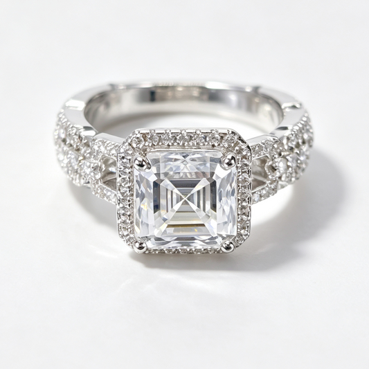 Interlocking asscher-cut moissanite ring on hand — AUMIRE JEWEL