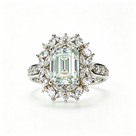 Brilliant Blossoms emerald-cut moissanite ring on hand — AUMIRE JEWEL