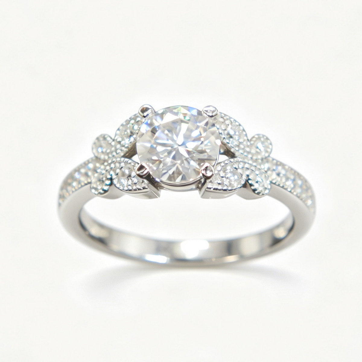 Intertwined Butterflies round-cut moissanite ring on hand — AUMIRE JEWEL