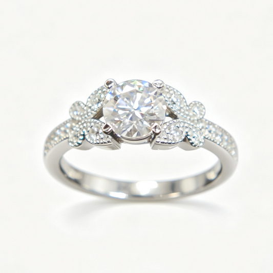 Intertwined Butterflies round-cut moissanite ring on hand — AUMIRE JEWEL