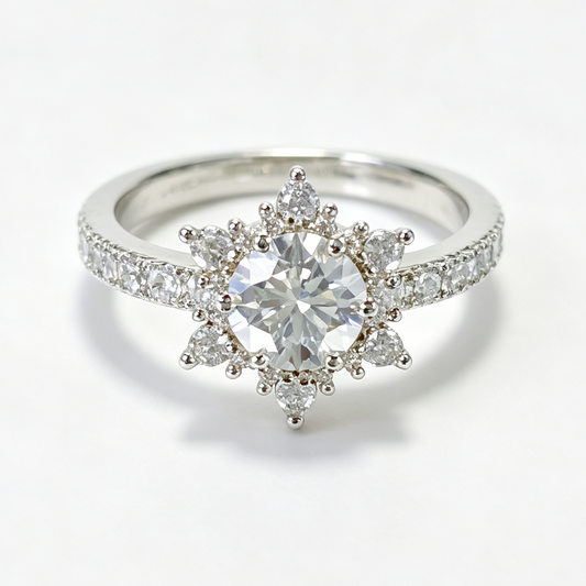 Snowflake round-cut moissanite ring on hand — AUMIRE JEWEL