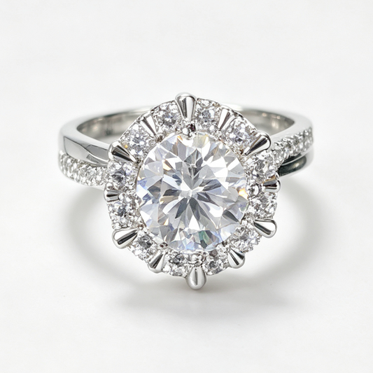 Queen Protea round-cut moissanite ring on hand — AUMIRE JEWEL