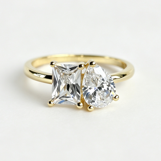 Duet two-stone pear and emerald moissanite ring on hand — AUMIRE JEWEL